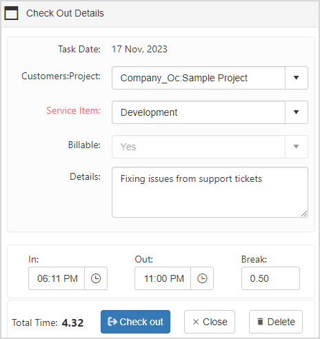 check-out timesheet mode