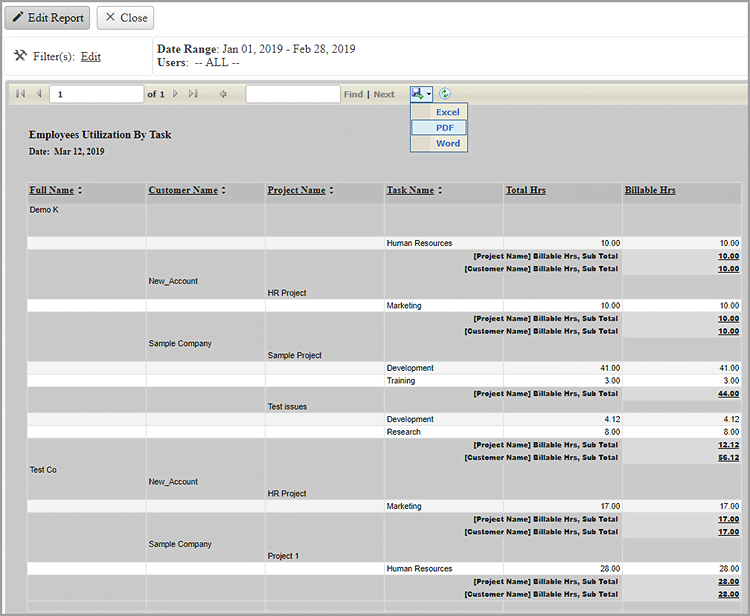 Export reports in various formats