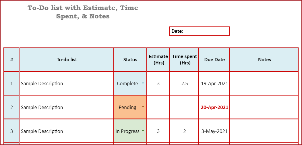 To-do List with Time Spent and Notes printable Timesheet Template