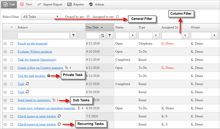 Task management list screen