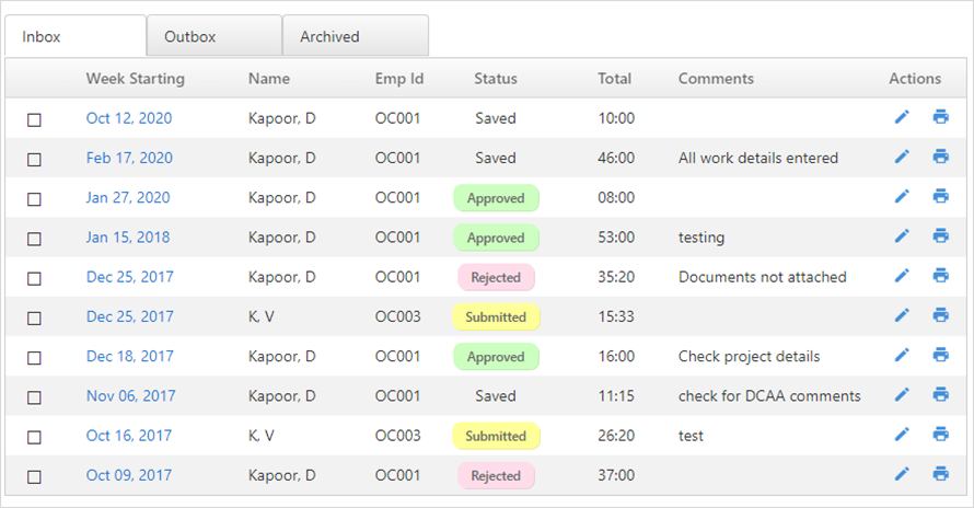 Timesheet list screen