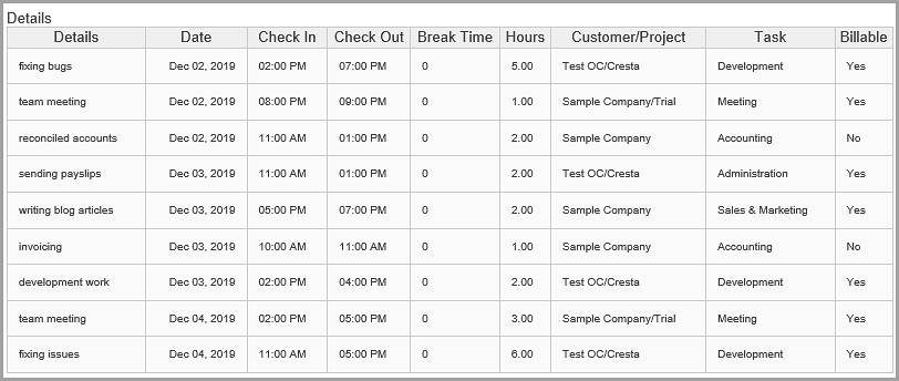 Preview timesheet details