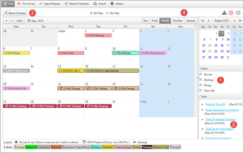 Creating events through calendar in free contact management software