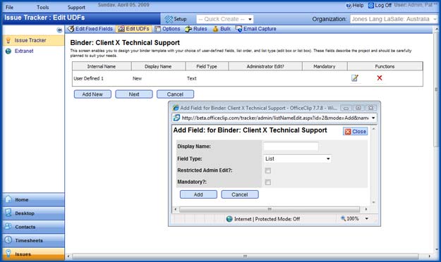 Custom Fields Setup screen