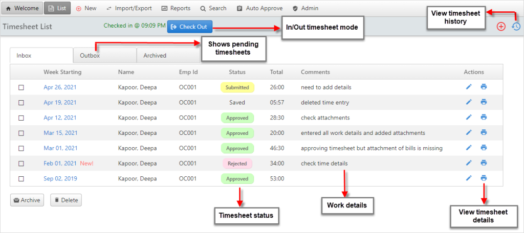 Timesheet list screen