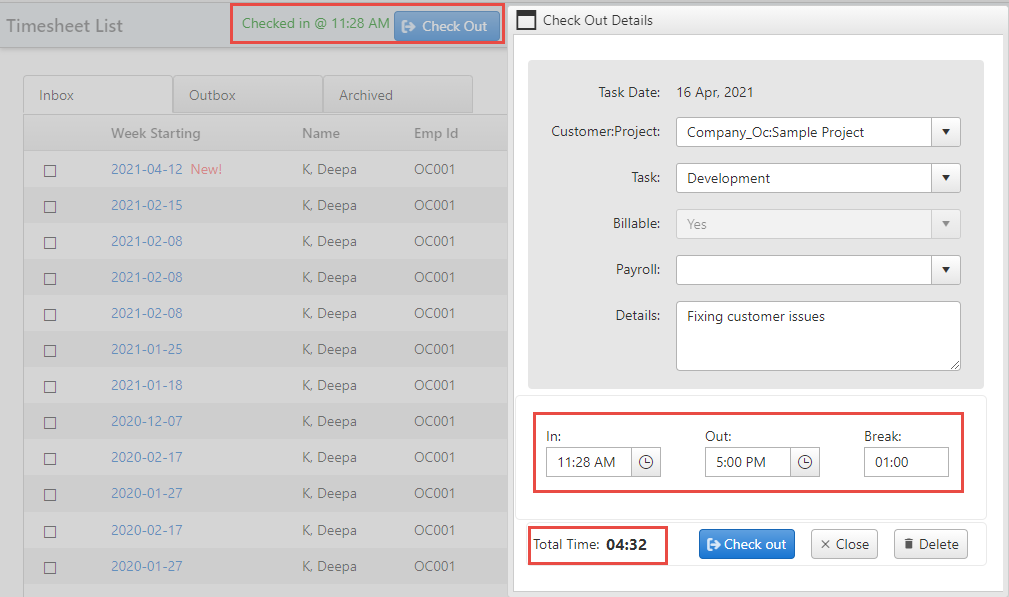 In/Out Timesheet